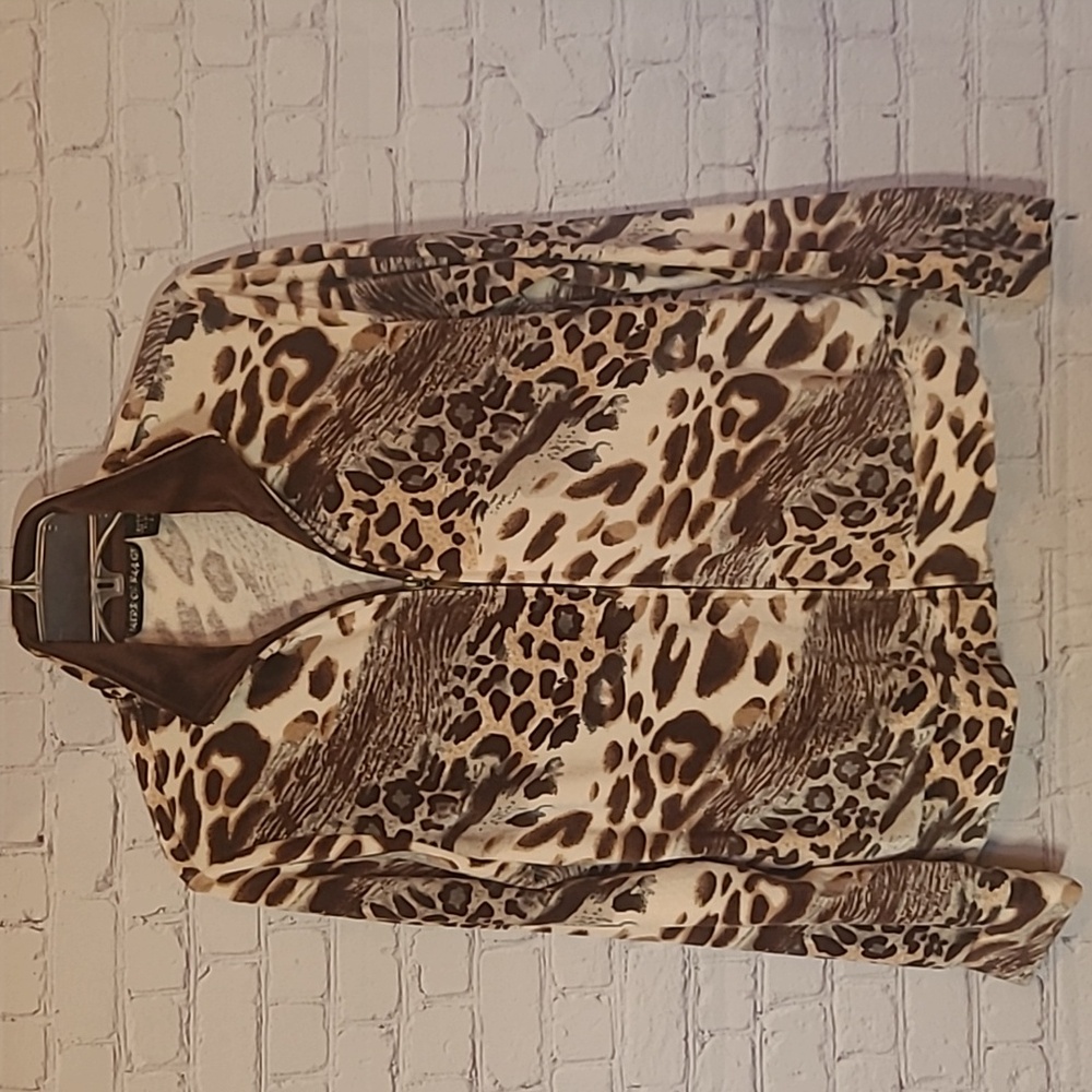 Brown Tan Animal Print Size Large Full Zip Velour Jacket Sweater